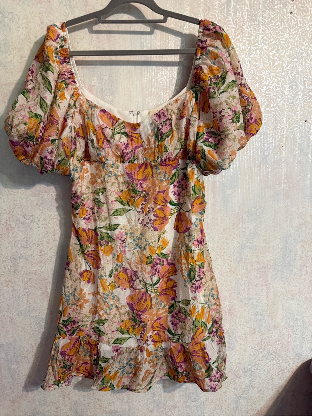 Boutique Molly Green Floral Puff-Sleeve Mini Dress in with Yellow & Pink Flowers